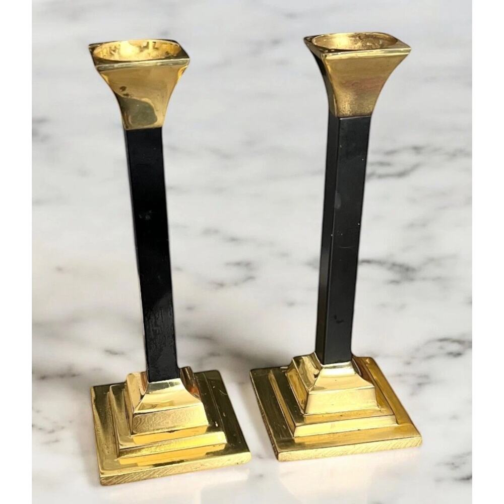 Vintage MCM Hollywood Regency BRASS & Black Candlestick Holders Portugal Valsan